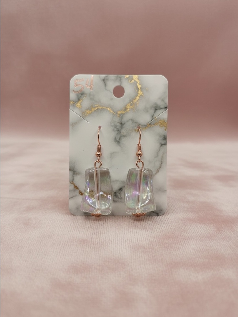 Iridescent Clear Glass Drop Earrings Rose Gold Tone NWOT Statement Earrings